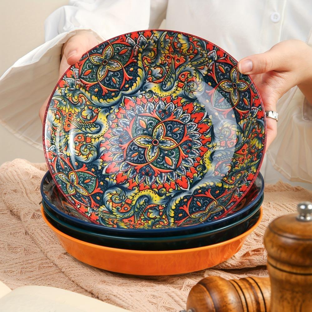 Colorful Dinner Plate Flower Pattern Meal Dish Household Bohemian Ceramic Plate  Housewarming Gift