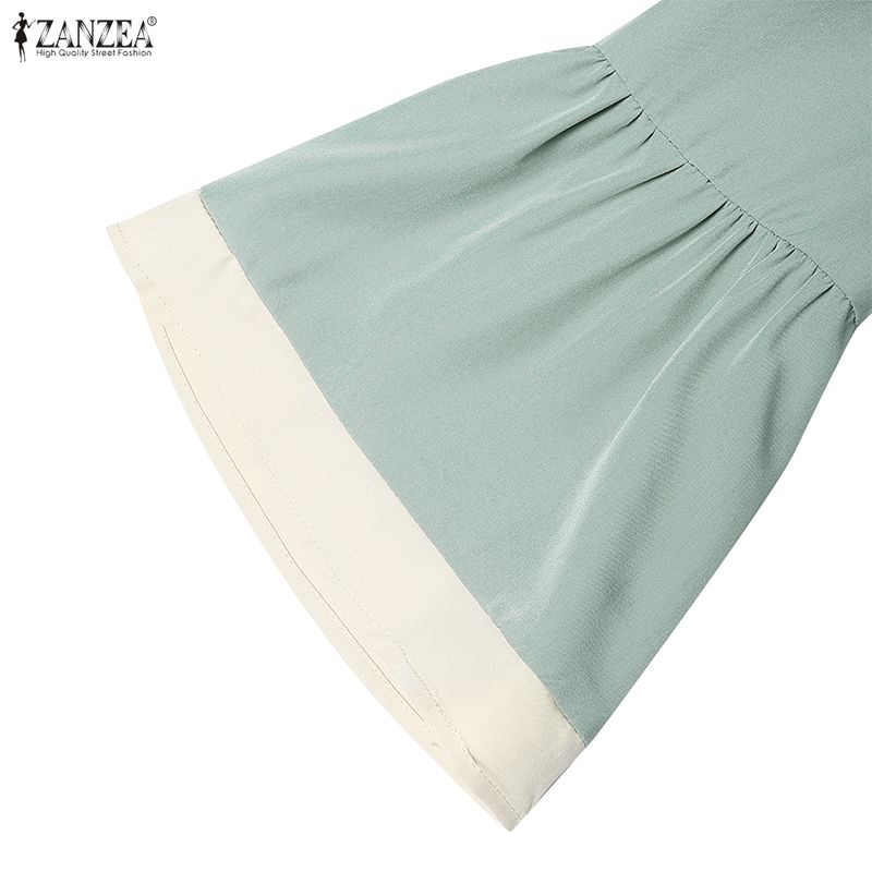 ZANZEA Damen Elegantes Spitze Patchwork Lässiges Stehkragen Ausgestelltes Langes Ärmel Lockeres Kleid