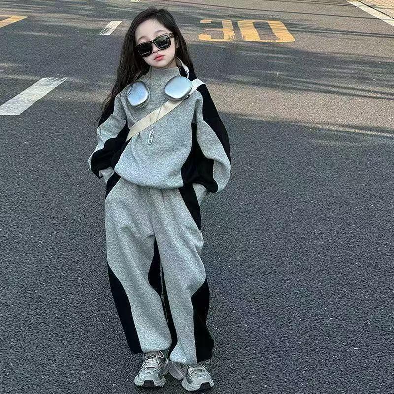 Girls' Korean Style Two-Piece Set: Color Block Sweatpants for Spring and Autumn