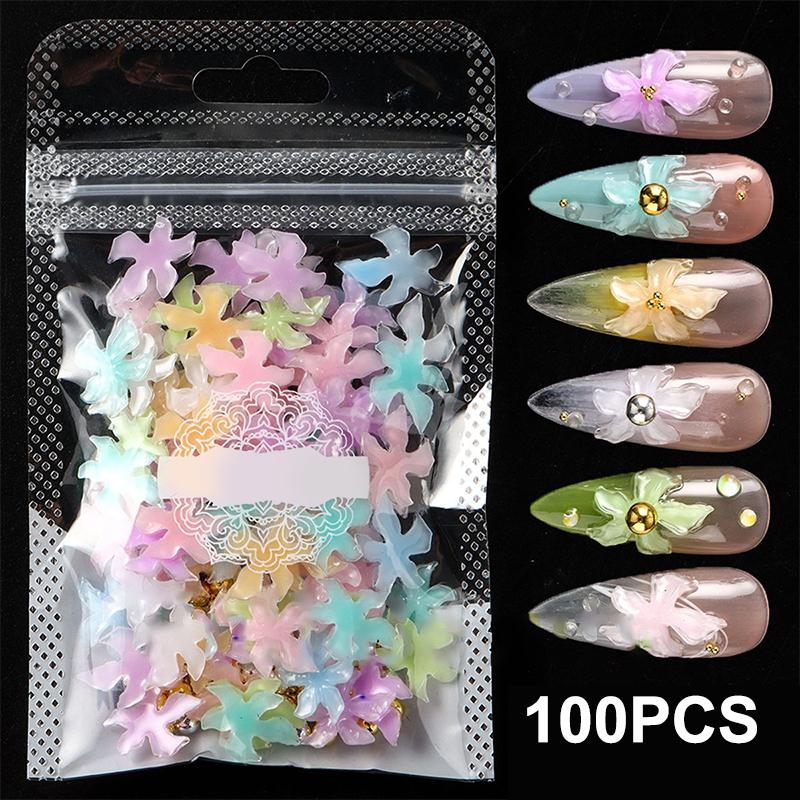 50/100Pcs Nail Decoration DIY Manicure Accessories Mixed Lily Flower Steel Ball Nail Art Charms 3D Soft Resin