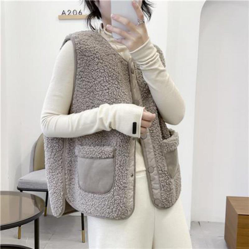 

Женский кожаный жилет из овчины на осень/зиму 2023 года - Короткий и стильный XL (115-125 jin)