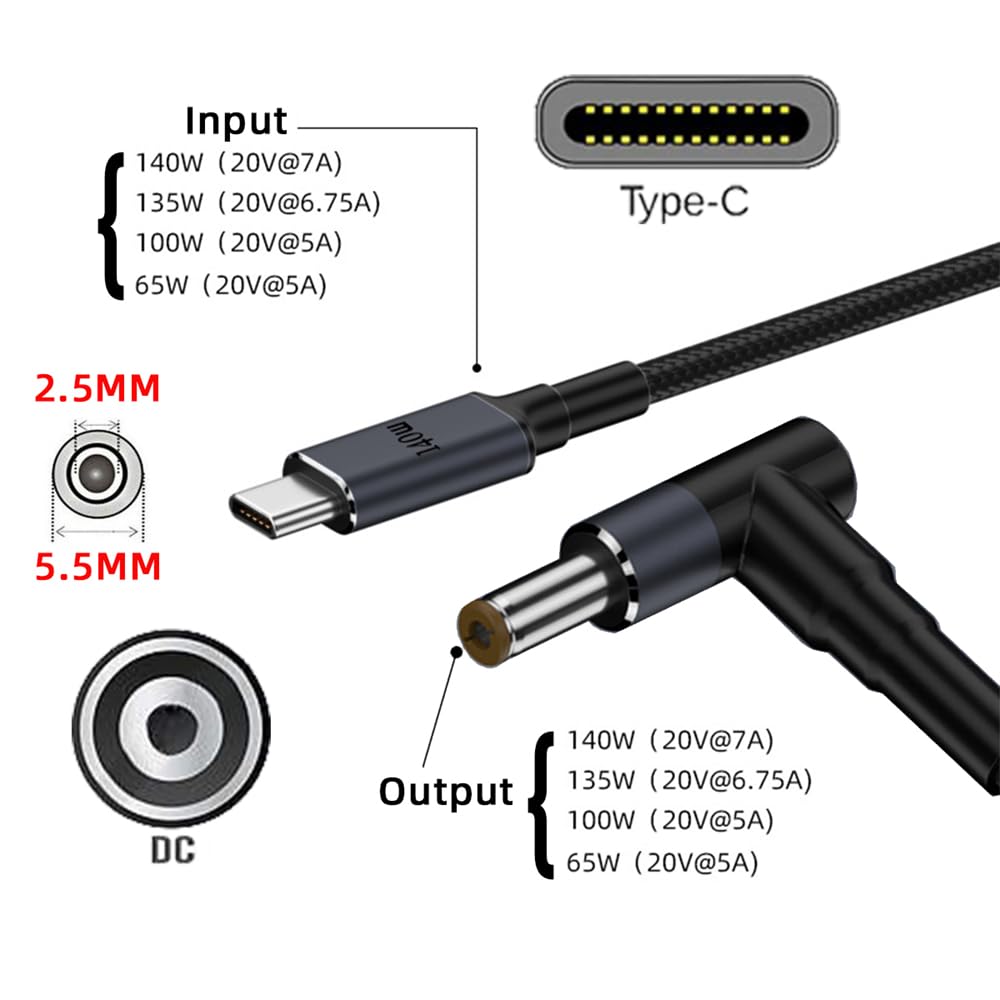 Cablecc Type C Input To DC 20V Output Power 100W 135W 140W 65W PD Charging Cable for Laptop USB-C 5.5 2.5mm
