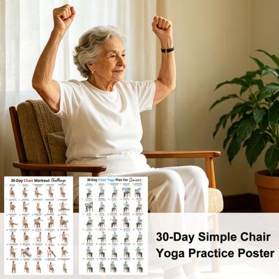 2Pcs Chair Yoga Poster Set 30 Day Seated Exercise Chart for Seniors Gentle