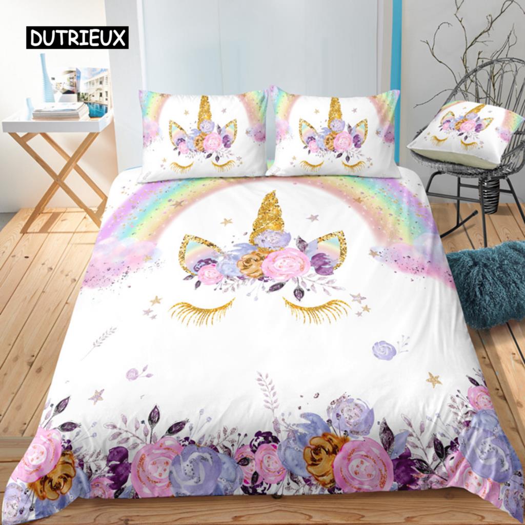 Unicorn Duvet Cover Set Cartoon Animal Galaxy Star Floral Bedding Set for Kids Girls Polyester Romantic Theme Comforter Cover