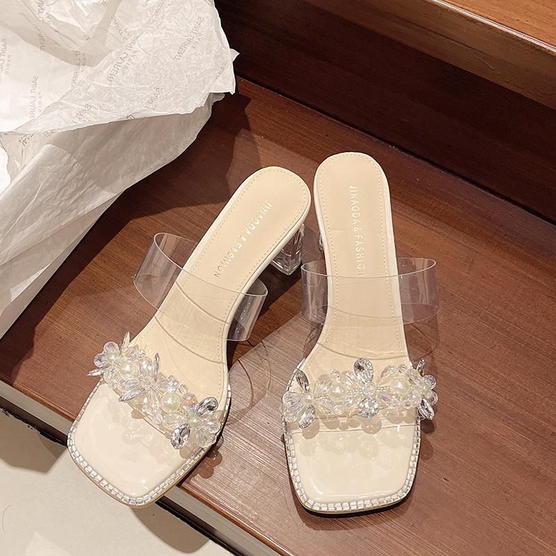 

Temperament with crystal thick heel cool slippers women s summer wear 2025 new fashionable square head open-toed beautiful high heels 39