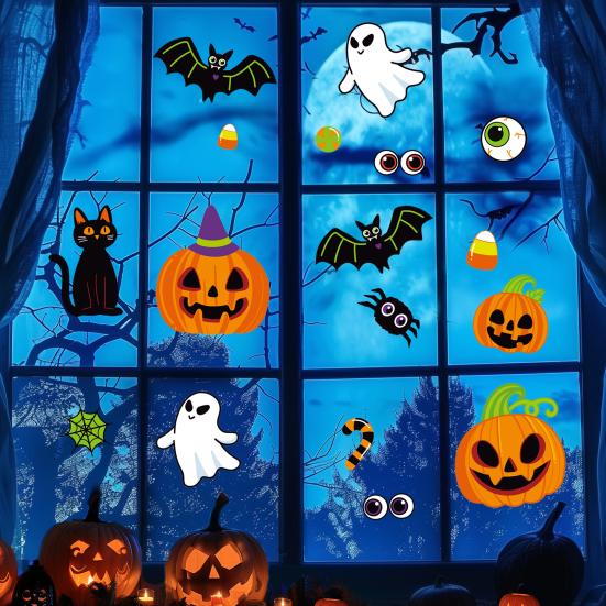 Classroom Halloween Decorations Cute Static Cling Window Stickers, Pumpkin Ghost Bat Black Cat Glass Clings Decals, No Adhesive Removable Art