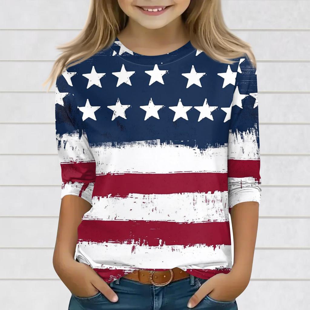 Druckoberteile für junge Mädchen 3-10 Jahre Rundhals 3/4-Ärmel T-Shirts Trendige Oberteile Outfit T-Shirts