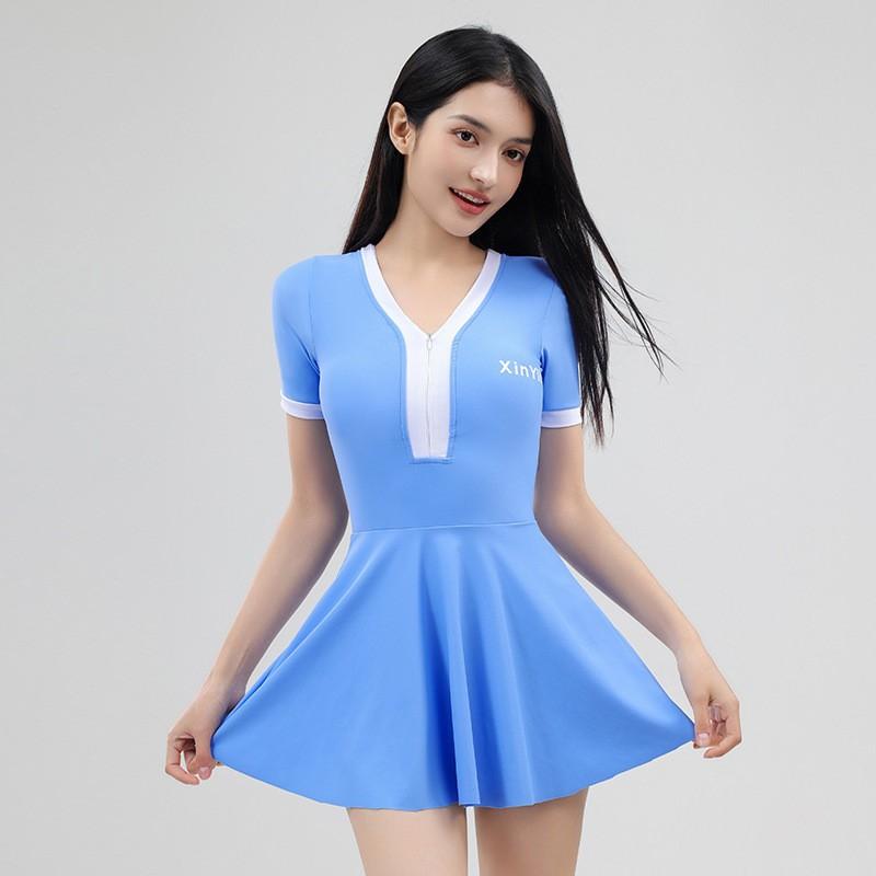 

Swimsuit Women s One-piece Conservative Skirt High-end Belly Cover Slimming Swimming Pool Large-size Hot M синий