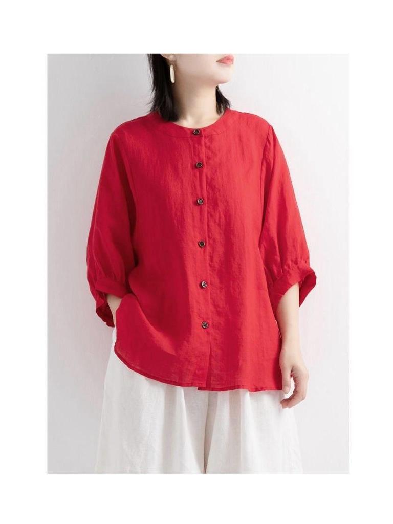Women's Retro Cotton Linen Lantern Sleeve Blouse: Summer Mid-Sleeve, Loose Fit, Plus Size