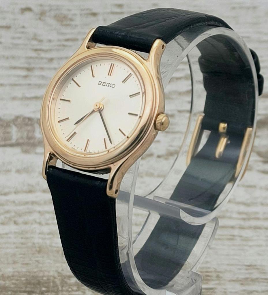 [USED] SEIKO Women's Analog Watch, Gold, Black Leather, Working Condition