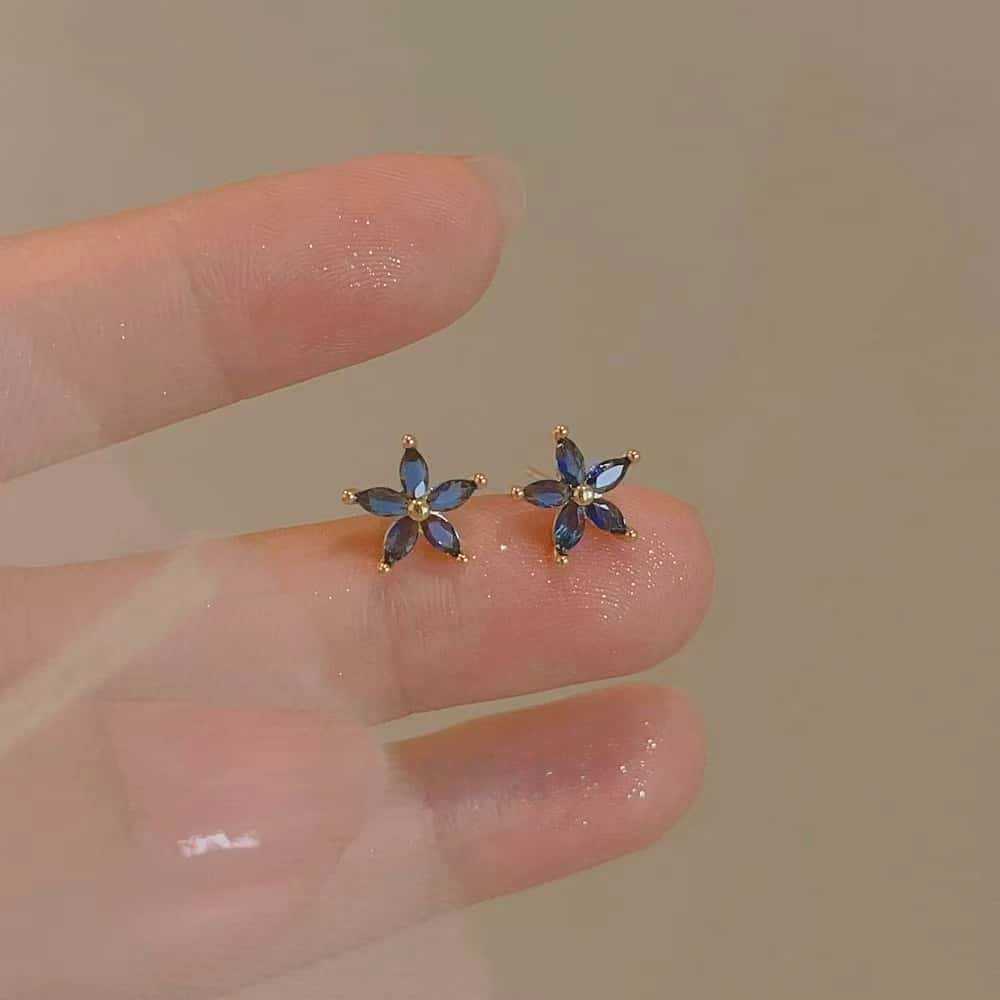 

925 Sterling Silver Flower Stud Earrings | Blue Cubic Zirconia Floral Earrings for Women Vintage Jewelry золотий
