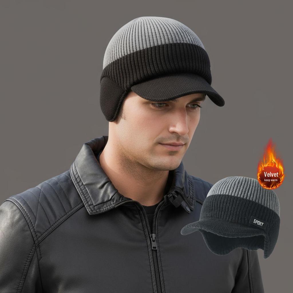 Men's Winter Ear Protection Fleece-Lined Wool Hat - Knitted Duckbill Design, Outdoor Color Block Warmth.