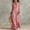 European and American women's clothing striped neck sleeveless temperament dress summer loose deep V-neck vacation beach dress
