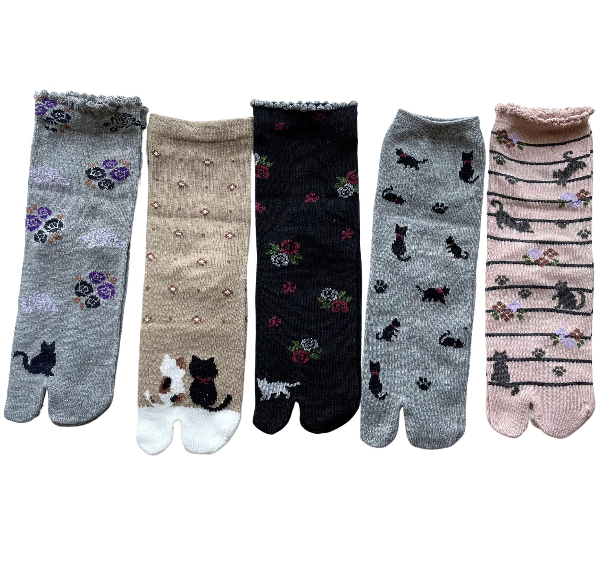 Stylish Ankle Tabi Socks for Women, Cute Cat Pattern, Cotton Blend, Loose Elastic Cuff, 5-Pair Set (Pattern Assorted) B21