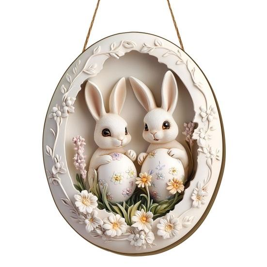 Easter Bunny Sign for Front Door Wooden Farmhouse Indoor Fireplace Window Hanging Wreaths Welcome Banner Decoration for Home Garden Fence