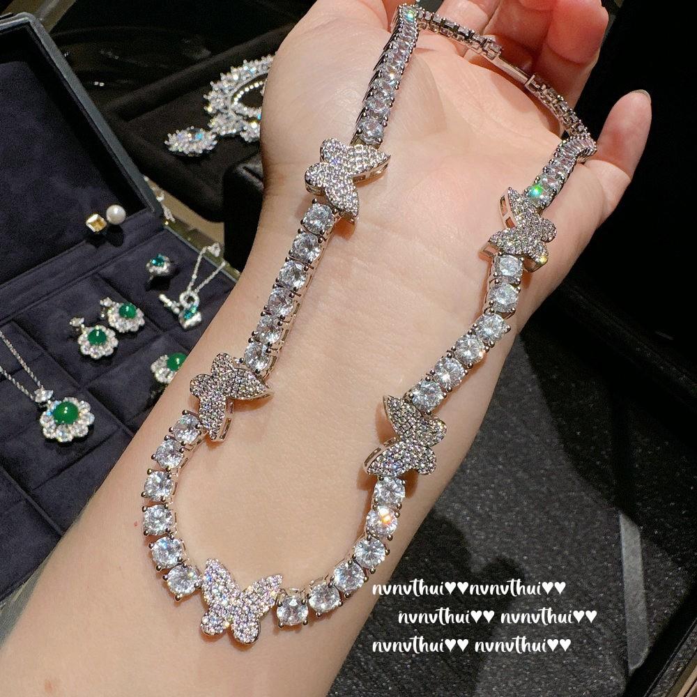 Italian Vintage Butterfly Gem Necklace Vintage Sparkling, Flower Sugar Cube Zircon Bracelet Set