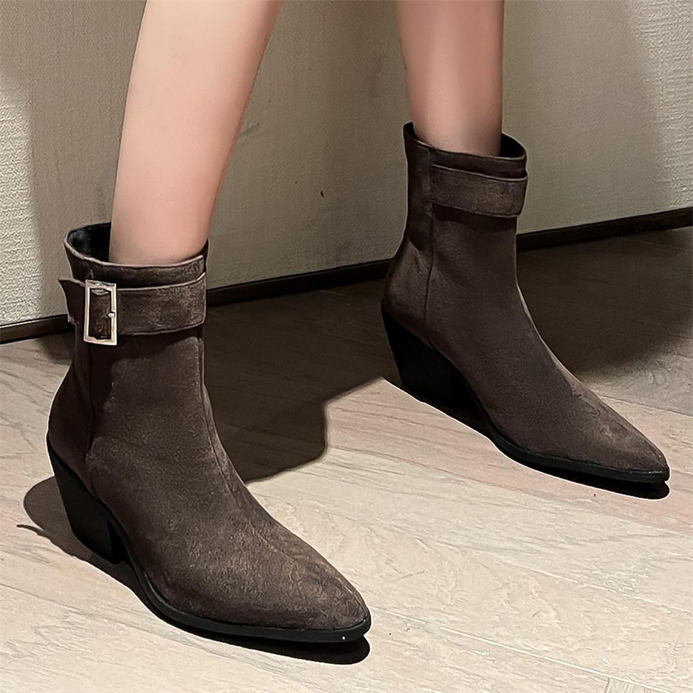 Fashion New Autumn Winter Women Western Cowgirl Chelsea Boots Buckle Slip-on European Cossacks Ladies Shoes Flock High Heels Booties