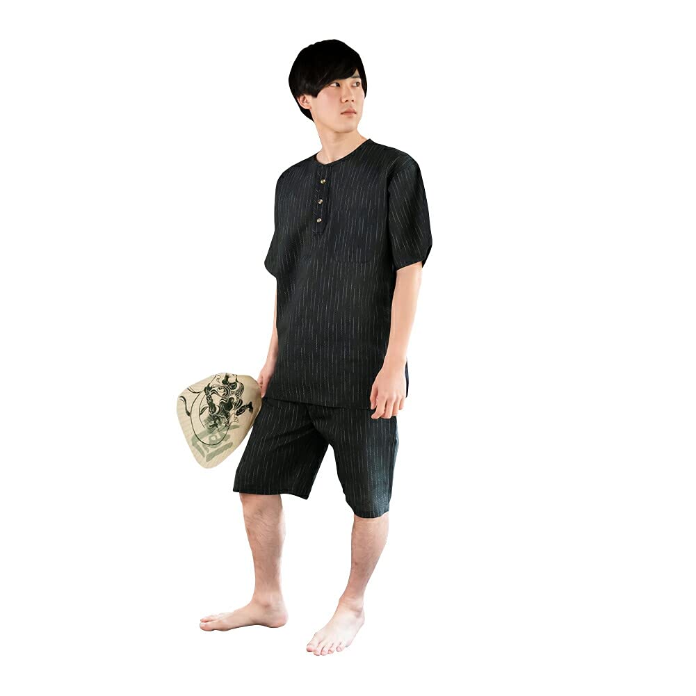 

KIMONOMACHI Henley Multicolored Size Perfect Gift for Day or Respect for the Aged Day Men s Cotton-Linen Jinbei, Neck, C Stripes, M, Father s