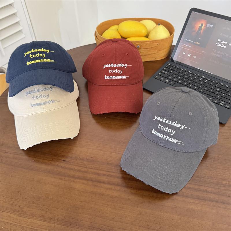 American Ripped Baseball Cap Women's Spring and Summer Letter Embroidery Washed Peaked Cap Showing Small Face Plus Large Brim Sun Hat Men