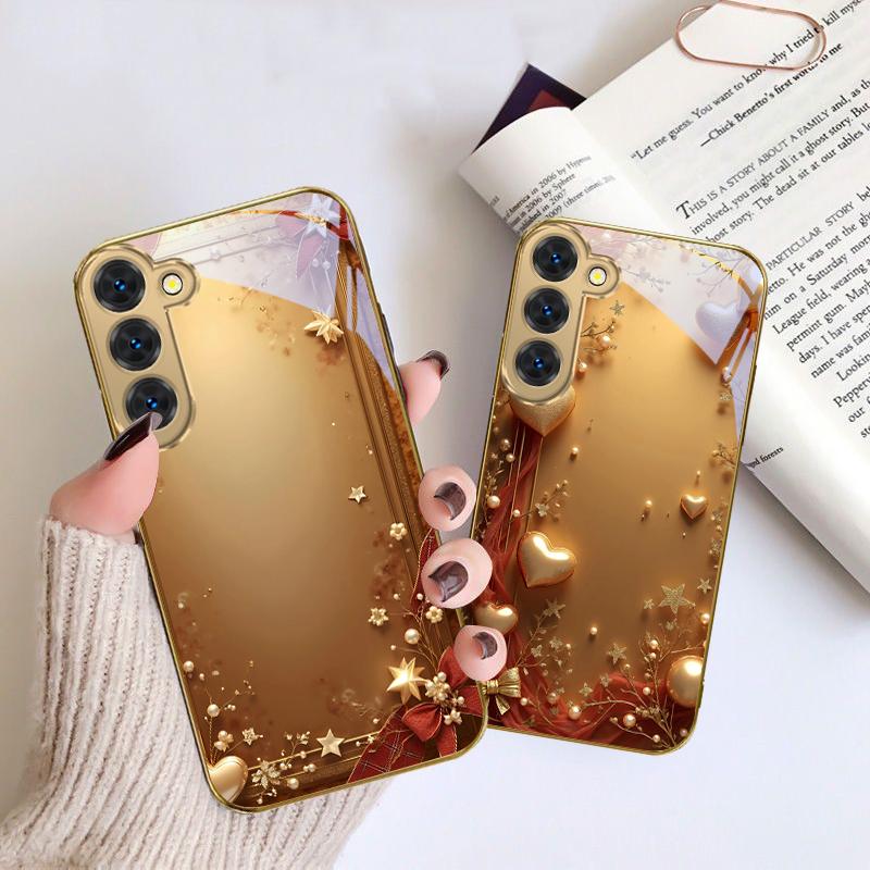 Cinta dorada y lazo Para Samsung Galaxy S26 S20 FE S21 S22 S23 Plus S24 Ultra S25Ultra S21+ S22Plus Funda de teléfono de cristal dorado