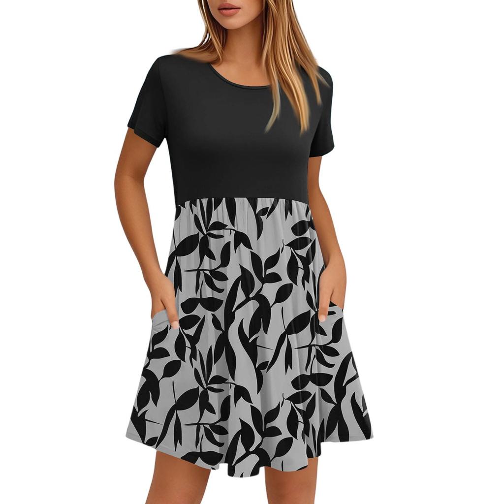 Women's Fashion Casual Loose Round Neck Short Sleeve Printed Pocket Dresses