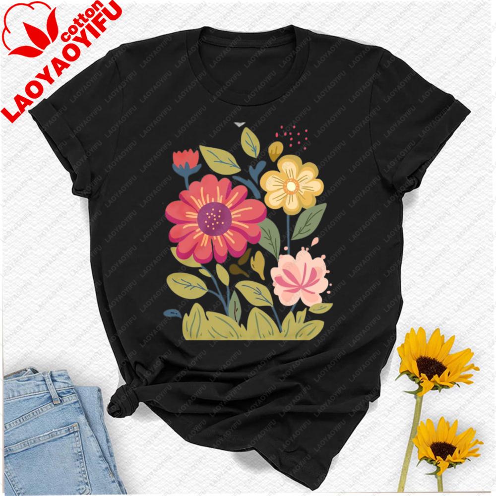Unisexs Floral Graphic TShirt Short Sleeve Wildflower Tee Colorful Botanical Print Soft Cotton Crew Neck Shirt Spring Summer