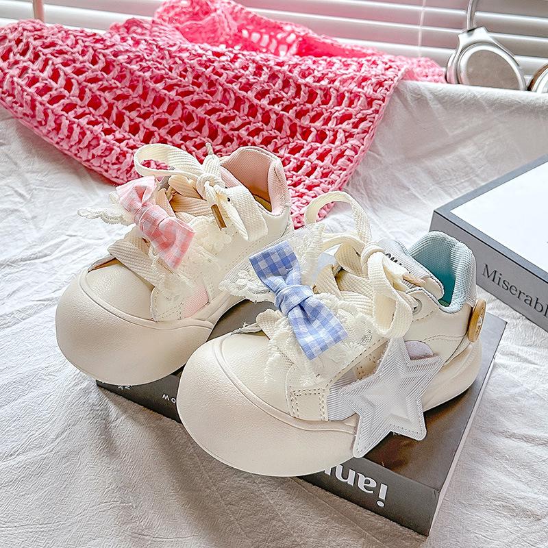 2025 New Little Girls' White Skate Shoes - Thick Soled Casual Sports Sneakers for Middle and Big Kids