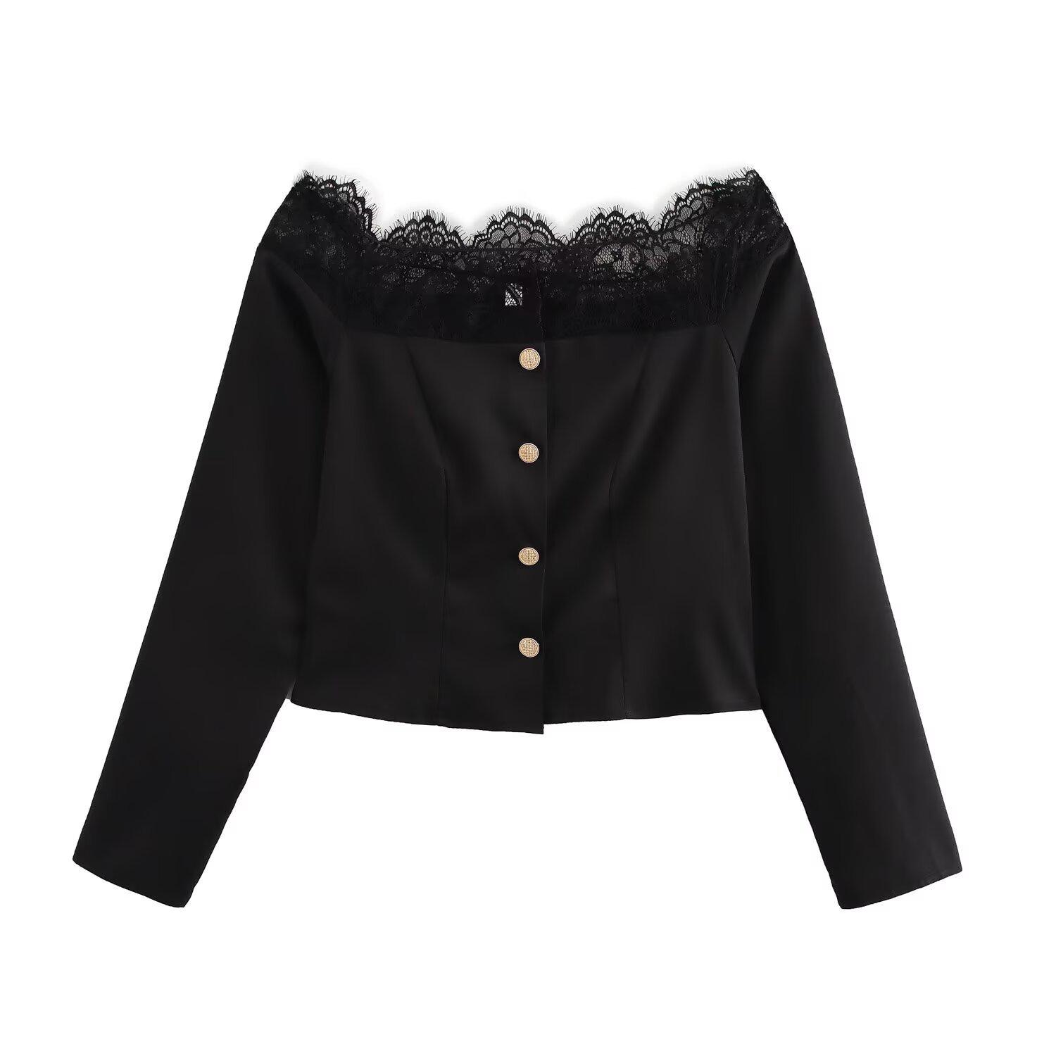 

2025 Spring Women s Fashion: European-American Style Casual Lace Stitch Top Large чёрный
