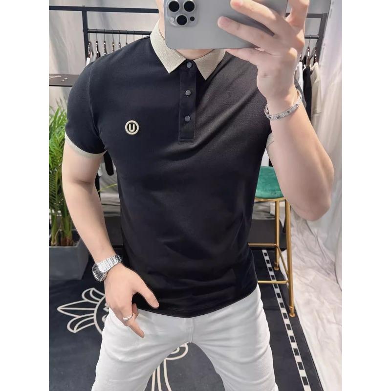 

Мужская летняя мода Контрастный цвет Вышивка Хлопок Дышащая футболка поло Простая повседневная Короткий рукав Приталенный крой Топы Ropa Hombre XXXL чёрный