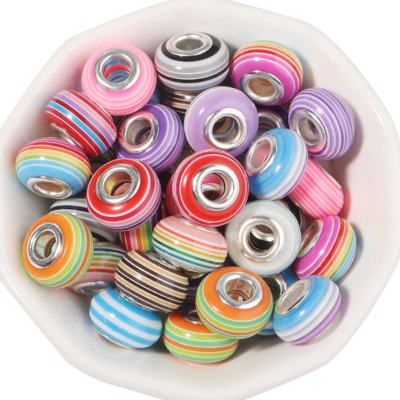 20pcs 14x8.5mm Resin Beads Rainbow Stripe Flat Round Big Hole Loose Beads For Jewelry Making DIY Bracelets Necklace Accessories