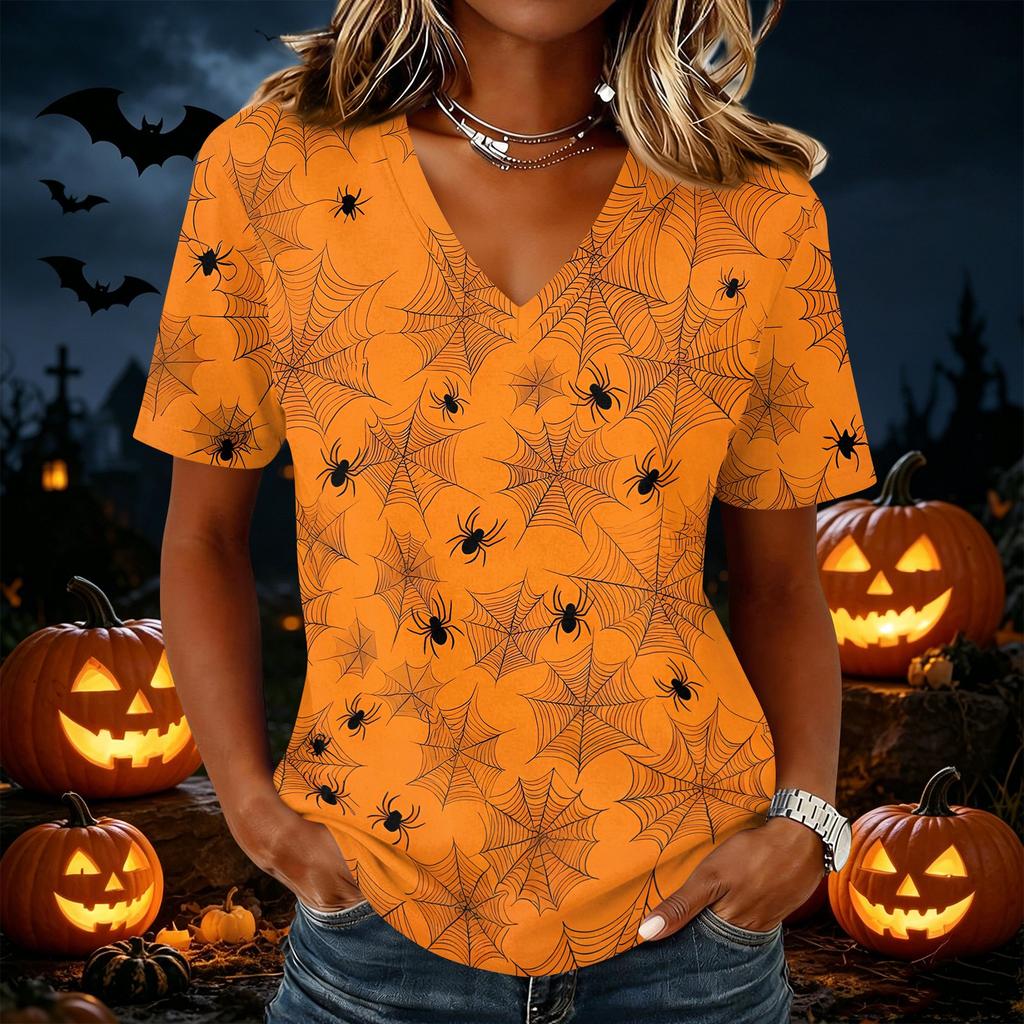 Womens Casual V Neck Pullover Top Halloween Print Short Sleeve Lightweight Blouse for Daily Wear