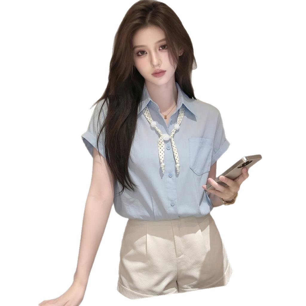 Korean Polka Dot Silk Scarf Short-sleeved Blue Shirt Women's New High-end Simple Temperament Fashion Versatile Top A