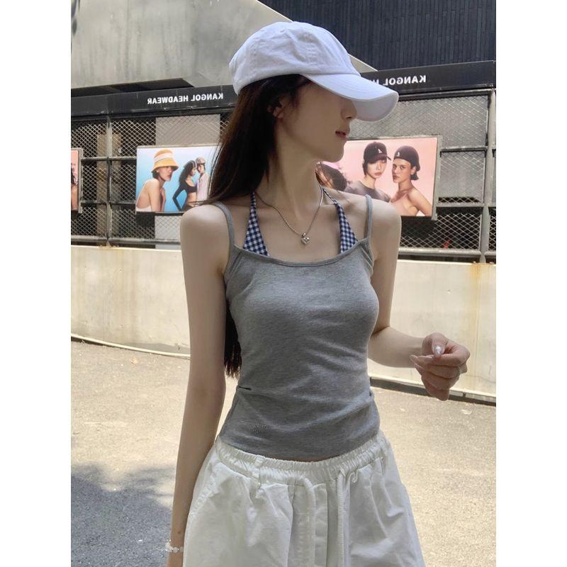 Kumikumi Design Sense Plaid Patchwork Vest Sling Women Summer Niche Temperament Chic Slimming Outer Wear Top