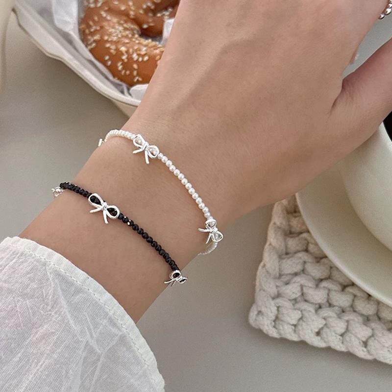 Schwarzes Kristallperlen-Schleifen-Perlenarmband für Damen Mädchen Koreanische Mode Perlenkette Vintage-Armband Ästhetischer Y2K Schmuck
