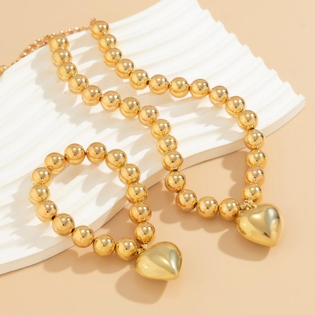 Simple Gold Color Ball Bead Chain Necklace Bracelet Heart Pendant Jewelry Set Elegant Beaded Accessory for Women