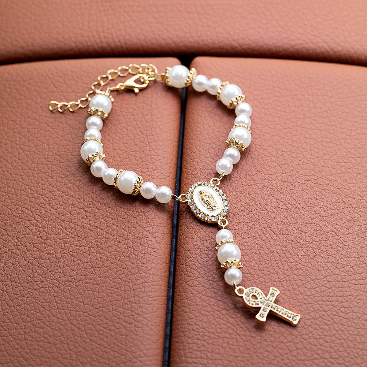 Ankh Cross Virgin Mary Pearl Car Ornament, Rhinestone Luxury Interior Rearview Mirror Decor Rosary Pendant