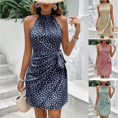 Frühling Sommer Damen Neckholder Ärmelloses Kleid Geblümt Gedruckt Slim Fit Wickelkleid A-Linie Kurzes Kleid