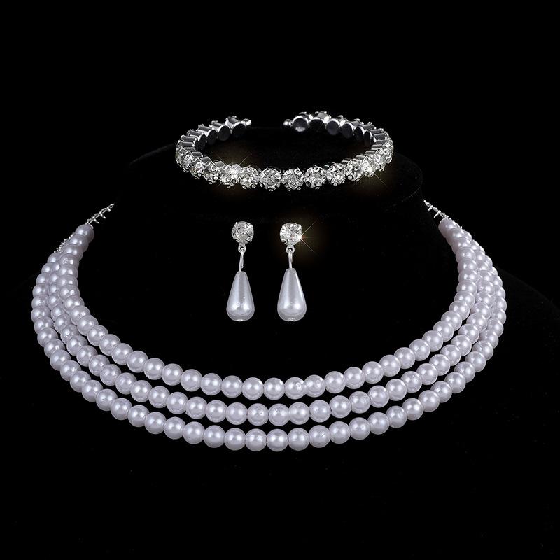 Bridal Pearl Full Diamond Necklace Necklace Diamond Imitation Pearl Bracelet Earrings Necklace Set Women