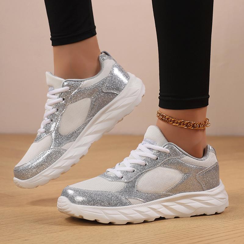 TUINANLE Women's Glitter Flat Silver Casual Sneakers Trend Version Wedding Fashion Round Couple Shoes