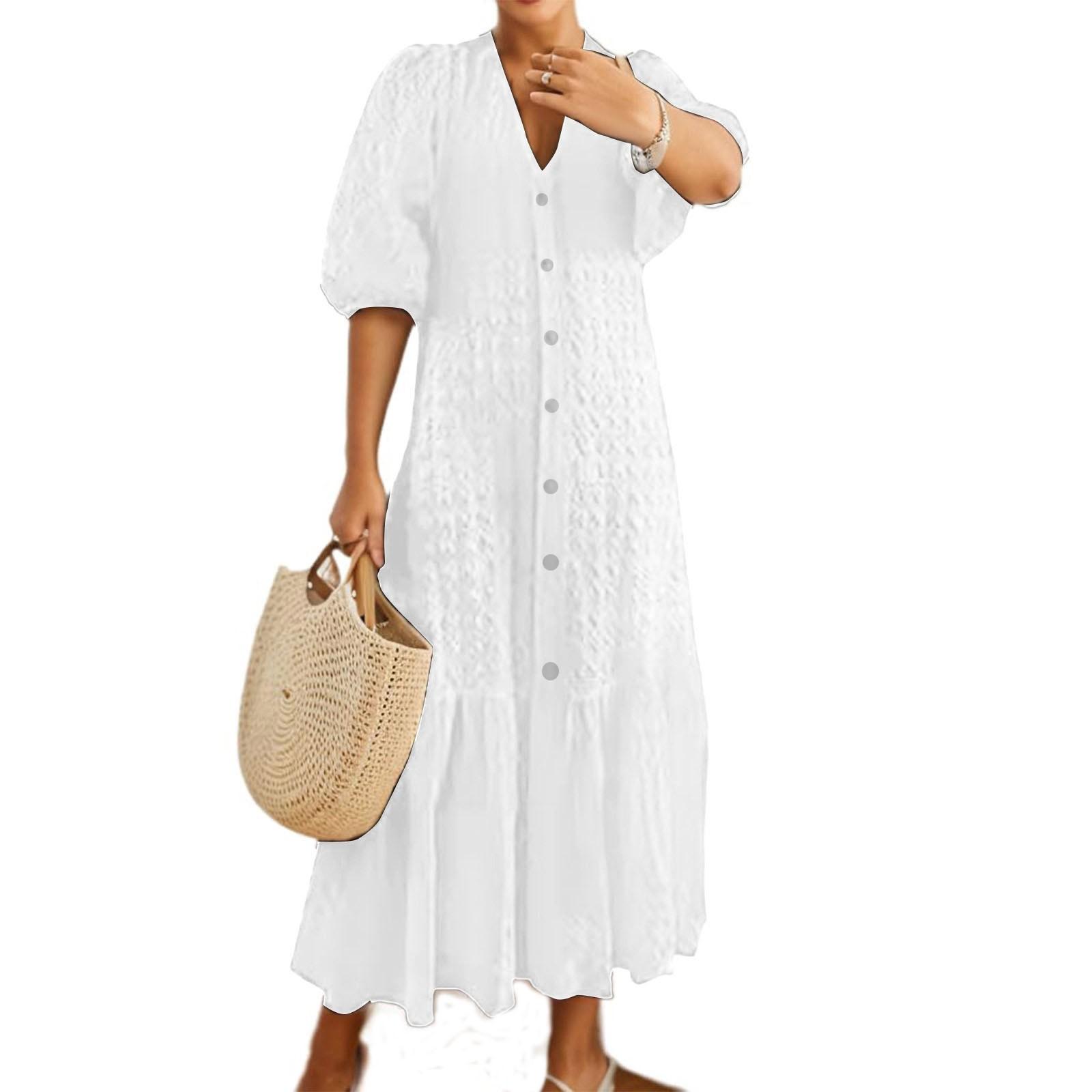 

Женское повседневное платье с V-образным вырезом и пуговицами, плиссированное свободное повседневное платье с пуговицами, плиссированное свободное повседневное платье XXL белый