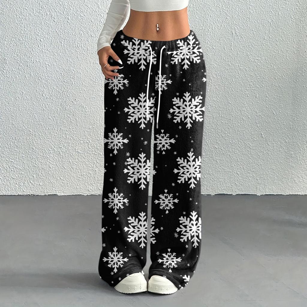 Women's Casual Fashion Printed Elastic Waist Loose Straight Leg Pants With Rope