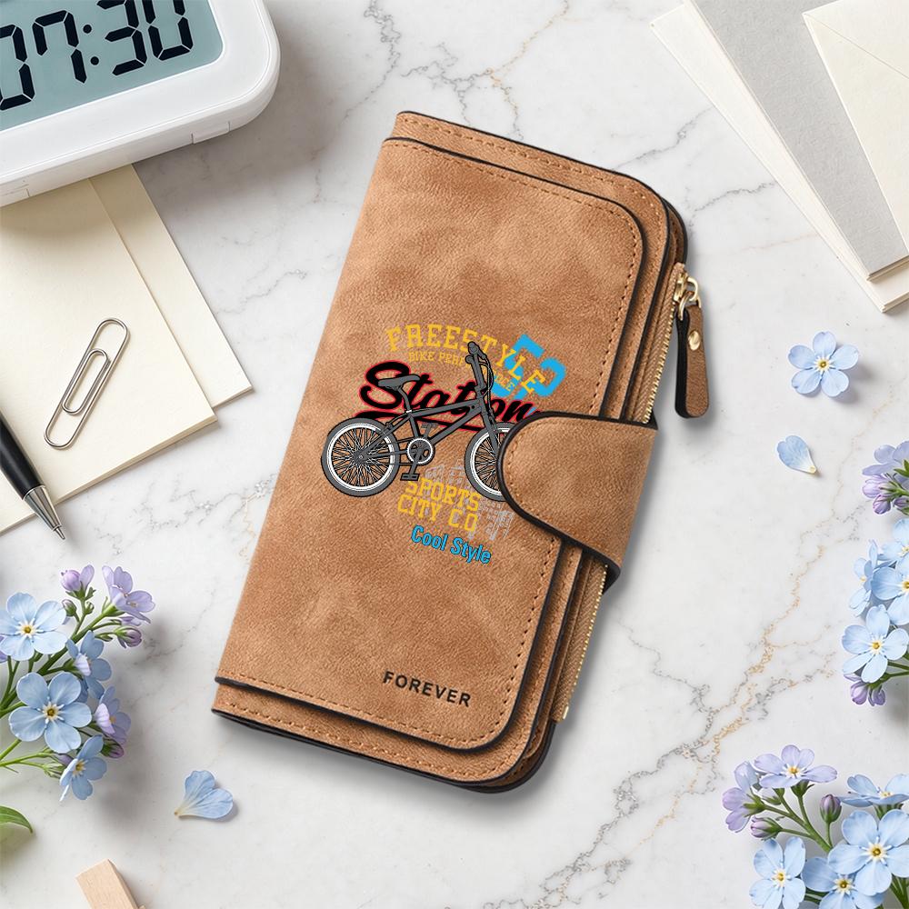 Stylish Retro Bicycle Pattern Long Wallet Casual Multi Slot Portable Purse For Daily Use