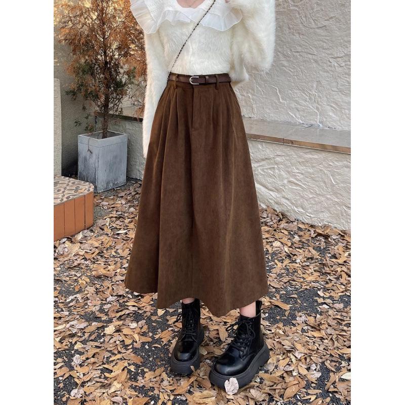 Women's Retro High Waist Corduroy Skirt, Slimming A-Line with Wide Hem, Mid-Length for Autumn