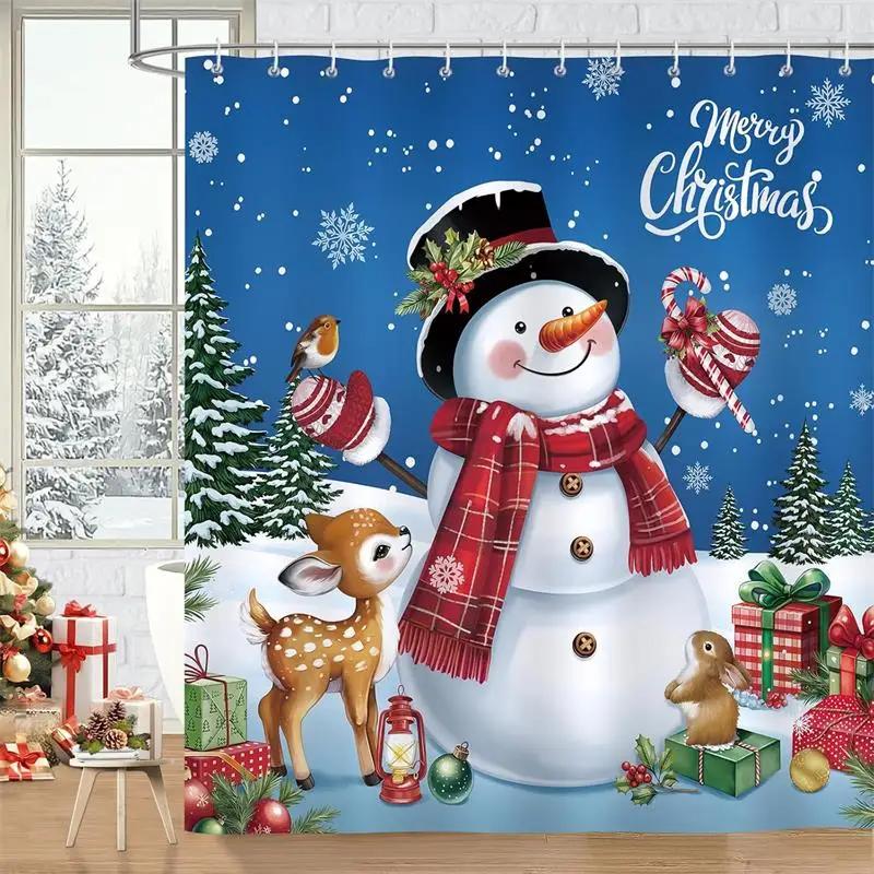 Christmas Shower Curtains Cute Elf Santa Claus Snowman Red Bird Xmas Tree Winter New Year Home Bathroom Curtain Decor With Hooks