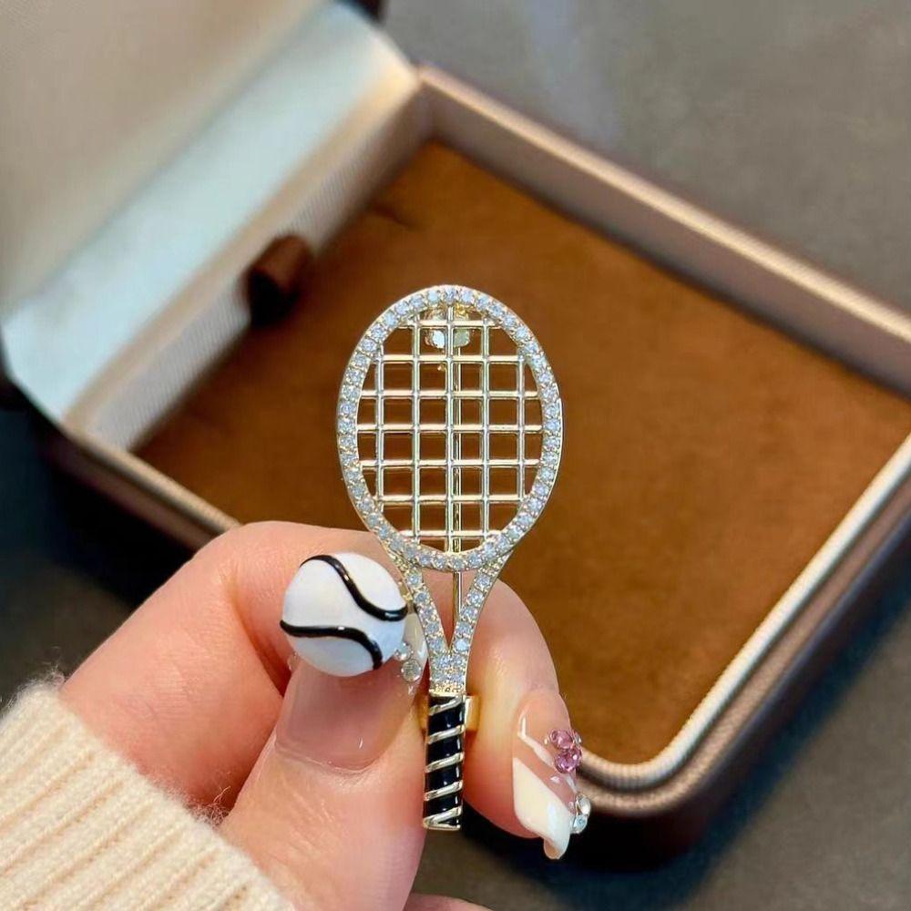 Zircon Enamel Metal Clothes Pin Rhinestone Gold Brooch Fashion Tennis Racket Brooch  Gift