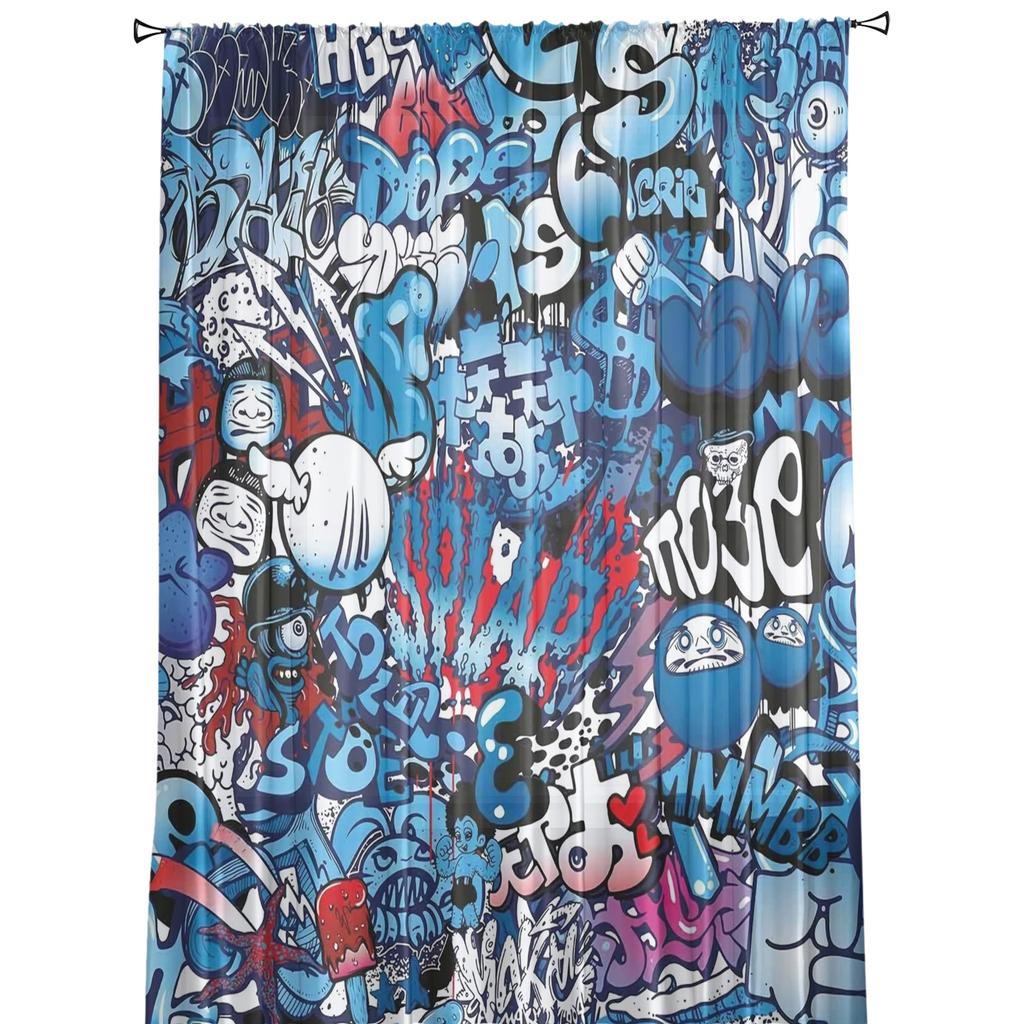 Blue Explosion Punk Graffiti Sheer Curtains Window Curtains For Living Room Bedroom Blinds Kids Room Home Decor