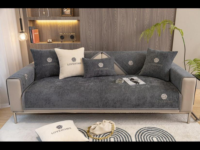 Einfarbiger, rutschfester Sofakissenbezug aus Chenille mit Stickerei