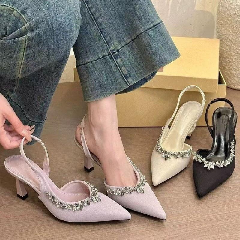 Spring 2025 new French satin fashion high heels women's thin heels pointed head sandals wear rhinestones versatile