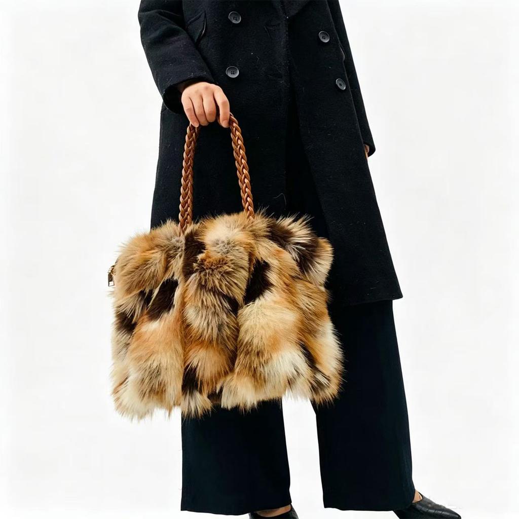 Europäischer Und Amerikanischer Stil Imitation Pelz Plüsch Handtasche Damen Herbst Und Winter Mode Fuchs Fell Tragetasche Kontrastfarbe Pelz Tasche
