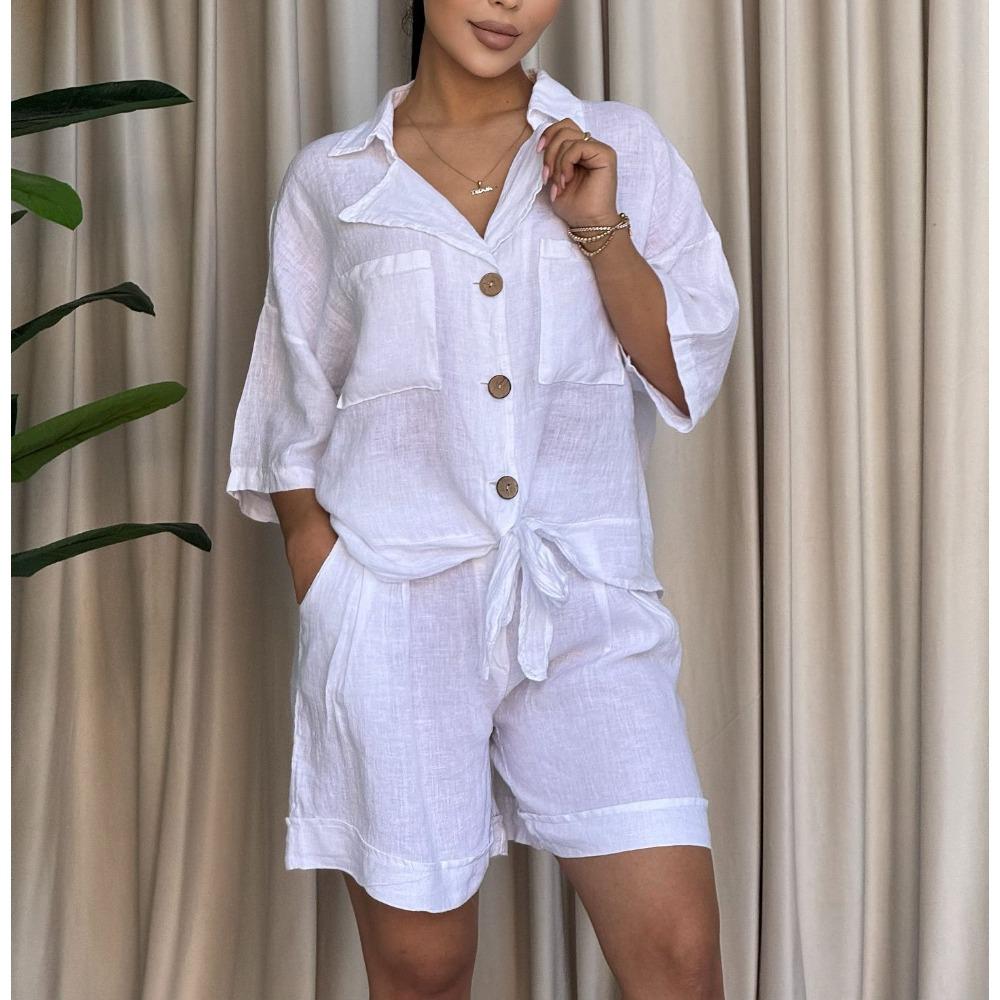 Women's 2 Piece Casual Outfit Short Sleeve Turn Down Collar Button Down Shirt and Shorts Set with Pockets